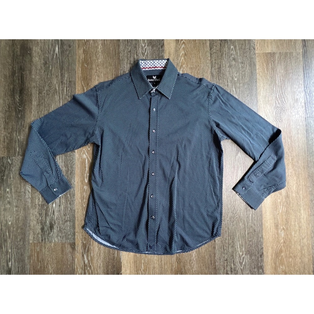 Butter Cloth Button Down Shirt Womens Large Navy Blue Geometric Triangle Stretch
